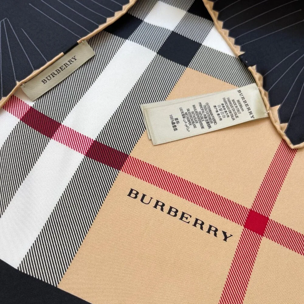 New Burberry Scarf House Check Beige Black Border Silk Scarf Wrap - Picture 7 of 14